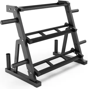 Synergee 3-Tier Dumbbell Storage Rack with 2 Barbell Holders and 4 Weight Plate Pegs, Featuring 2-Tier Dumbbell Storage and 3rd Tier for Kettlebell Storage – Accommodates 1" and 2" Plates – All-in-One