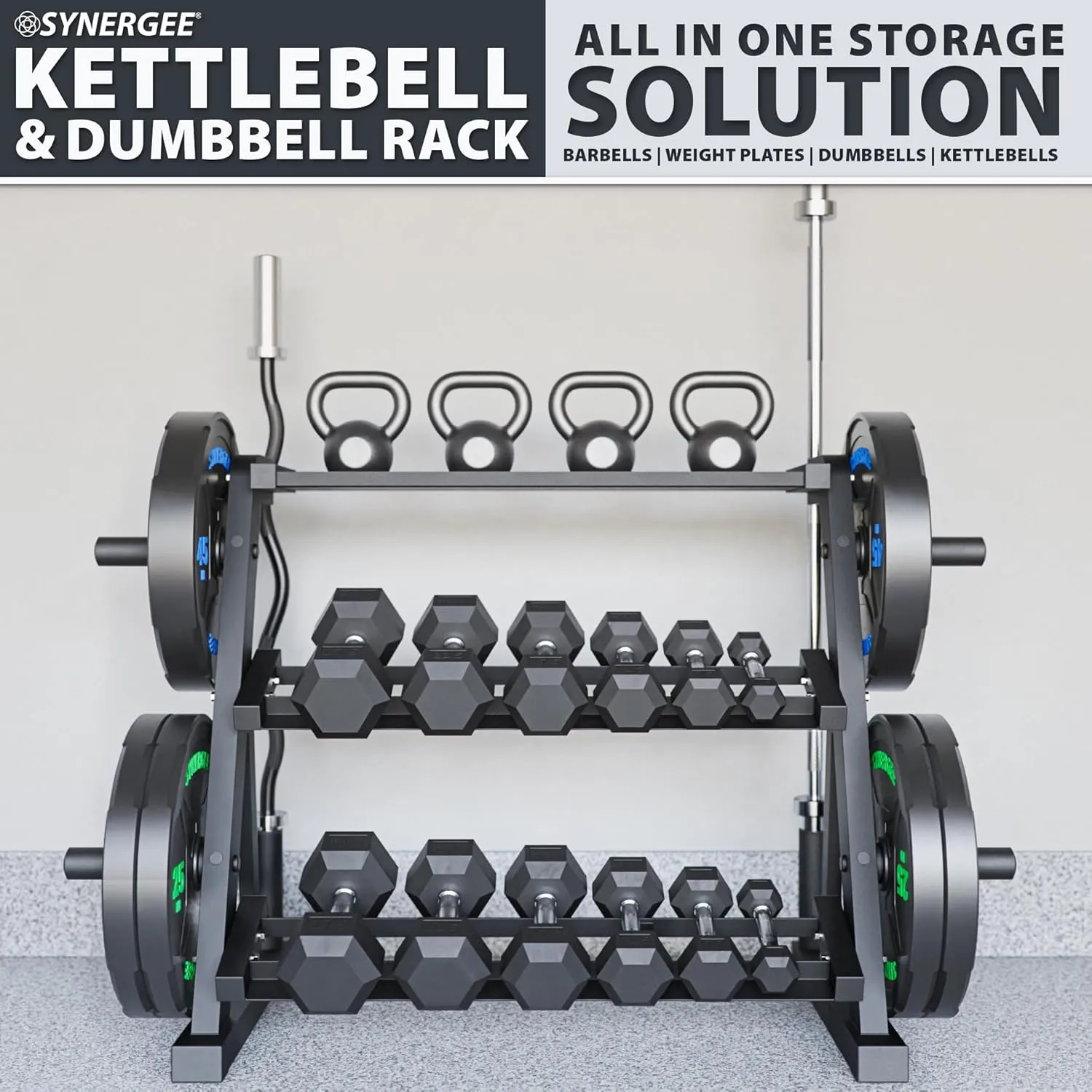 Synergee 3-Tier Dumbbell Storage Rack with 2 Barbell Holders and 4 Weight Plate Pegs, Featuring 2-Tier Dumbbell Storage and 3rd Tier for Kettlebell Storage – Accommodates 1" and 2" Plates – All-in-One