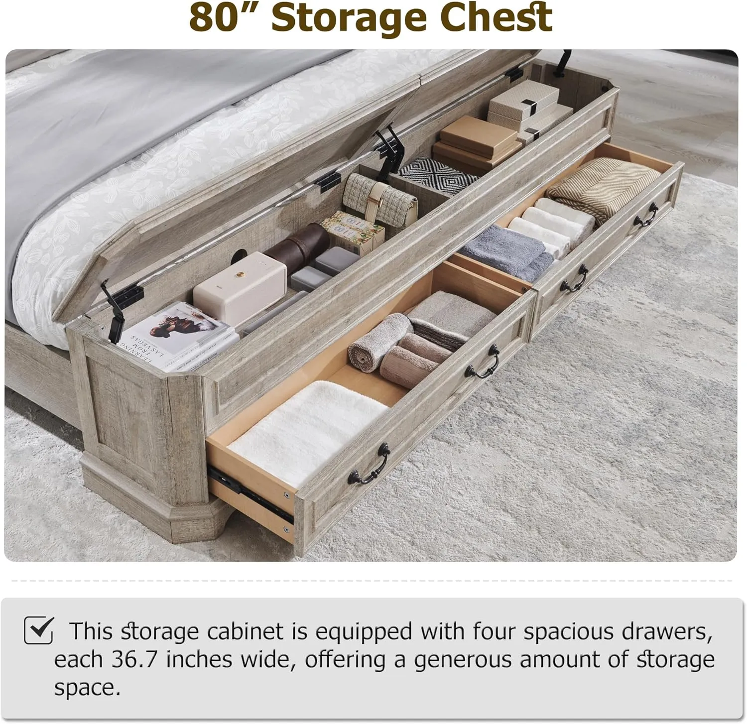 T4TREAM Farmhouse King Bed w/ Headboard & Storage Bench, Rustic Wood Platform Bed w/ 80" Storage Chest & 4 Large Drawers, Light Rustic Oak