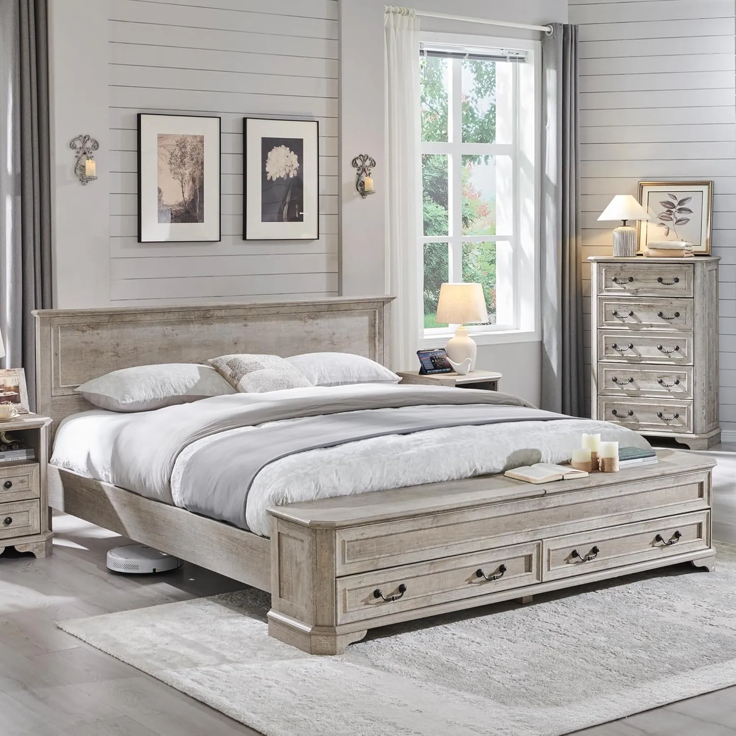 T4TREAM Farmhouse King Bed w/ Headboard & Storage Bench, Rustic Wood Platform Bed w/ 80" Storage Chest & 4 Large Drawers, Light Rustic Oak