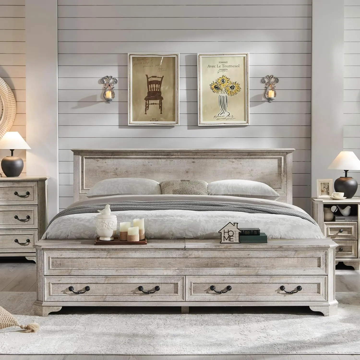 T4TREAM Farmhouse King Bed w/ Headboard & Storage Bench, Rustic Wood Platform Bed w/ 80" Storage Chest & 4 Large Drawers, Light Rustic Oak