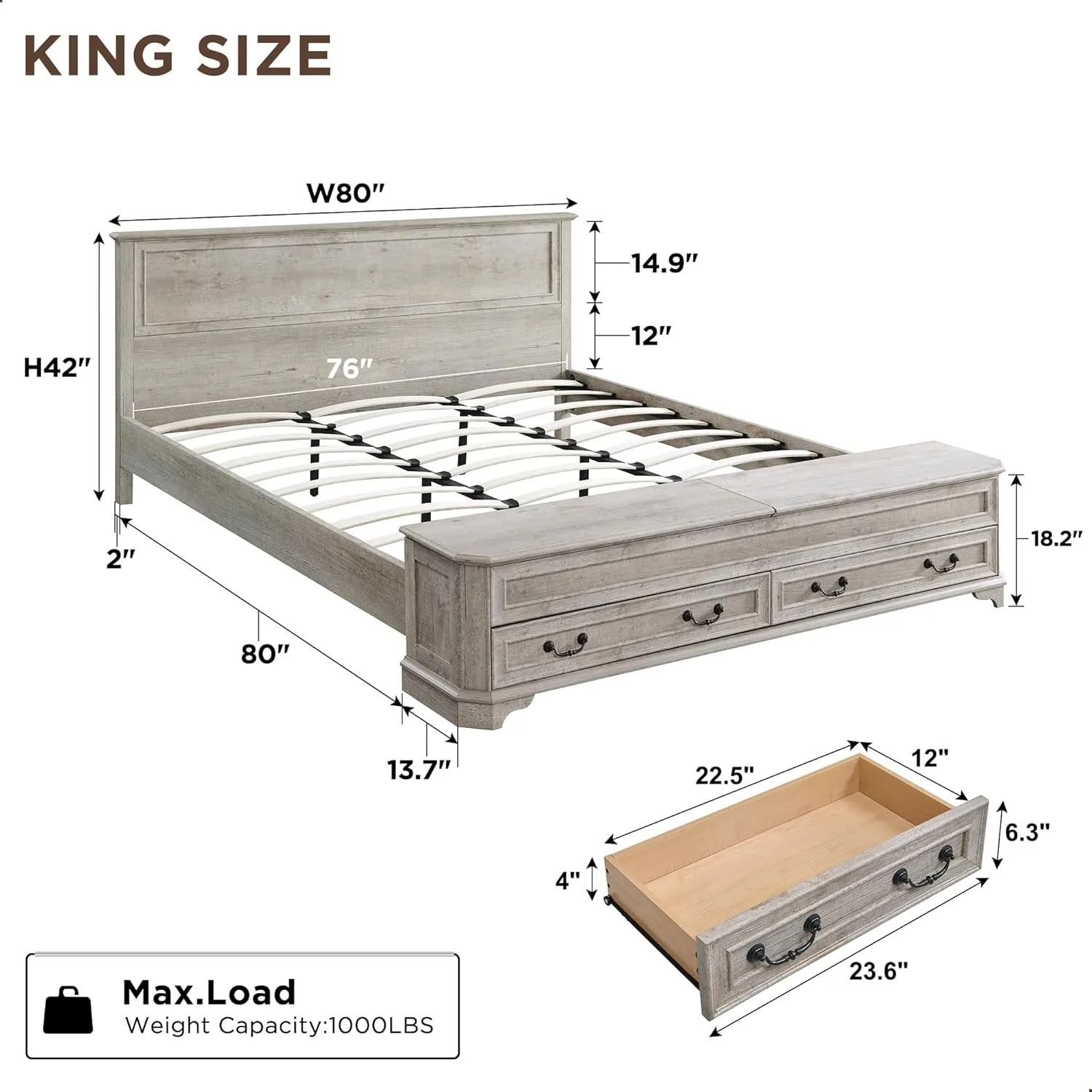 T4TREAM Farmhouse King Bed w/ Headboard & Storage Bench, Rustic Wood Platform Bed w/ 80" Storage Chest & 4 Large Drawers, Light Rustic Oak