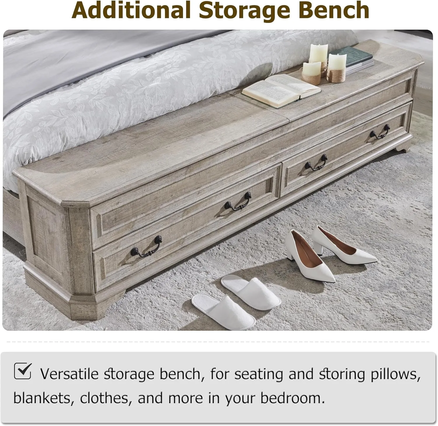 T4TREAM Farmhouse King Bed w/ Headboard & Storage Bench, Rustic Wood Platform Bed w/ 80" Storage Chest & 4 Large Drawers, Light Rustic Oak