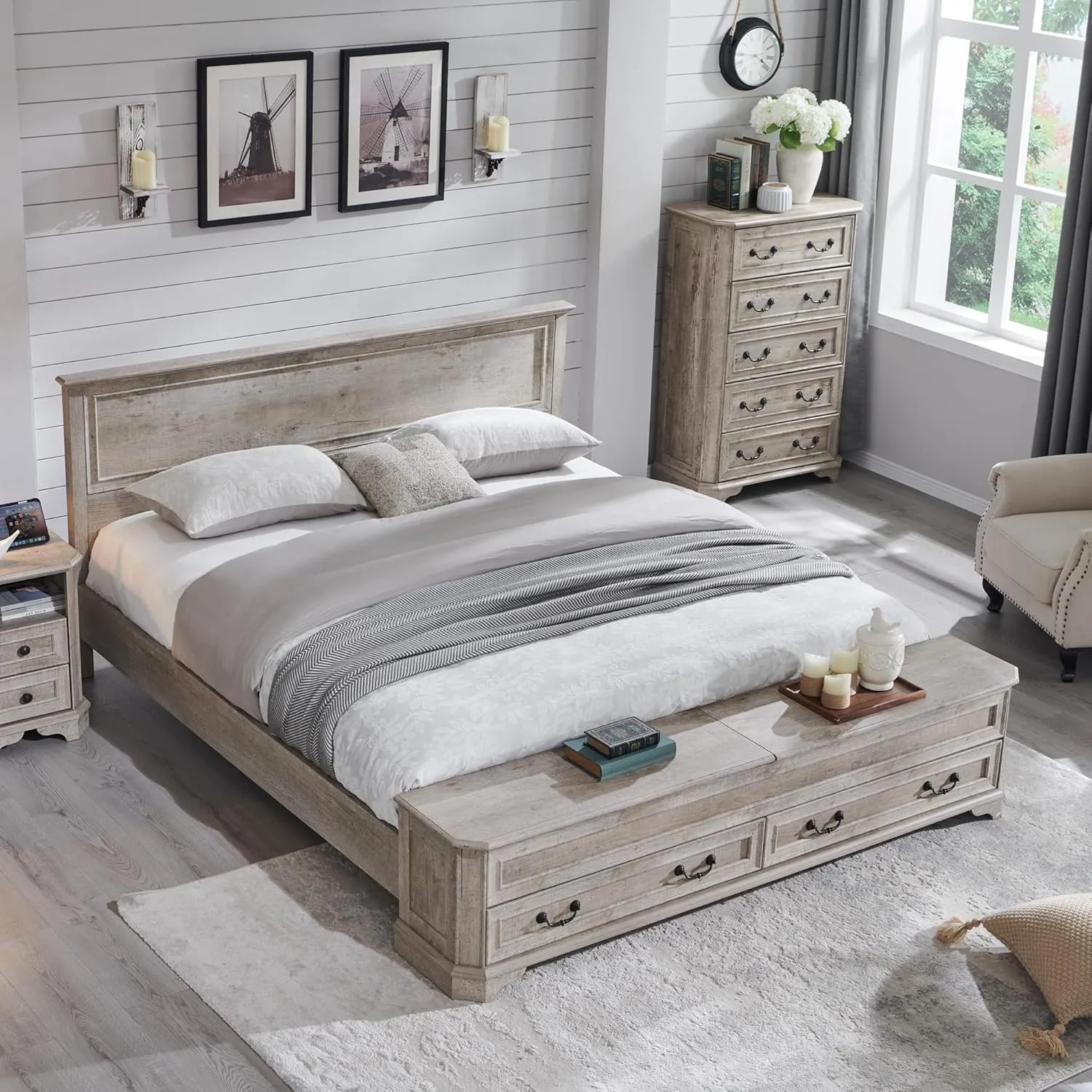 T4TREAM Farmhouse King Bed w/ Headboard & Storage Bench, Rustic Wood Platform Bed w/ 80" Storage Chest & 4 Large Drawers, Light Rustic Oak