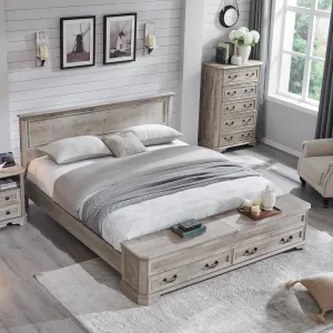 T4TREAM Farmhouse King Bed w/ Headboard & Storage Bench, Rustic Wood Platform Bed w/ 80" Storage Chest & 4 Large Drawers, Light Rustic Oak