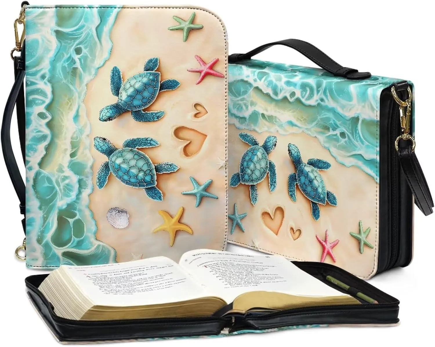 Talayituse Beach Turtle Starfish Heart Print Bible Cover for Women Men PU Leather Bible Case Church Bag with Handle Lightweight Bible Study Tools Christian Tote Bags with Shoulder Strap, L