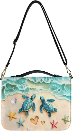 Talayituse Beach Turtle Starfish Heart Print Bible Cover for Women Men PU Leather Bible Case Church Bag with Handle Lightweight Bible Study Tools Christian Tote Bags with Shoulder Strap, L
