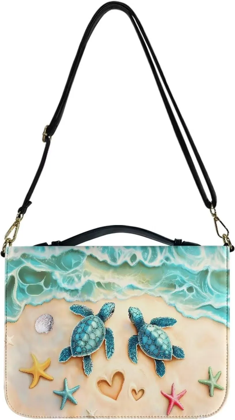 Talayituse Beach Turtle Starfish Heart Print Bible Cover for Women Men PU Leather Bible Case Church Bag with Handle Lightweight Bible Study Tools Christian Tote Bags with Shoulder Strap, L