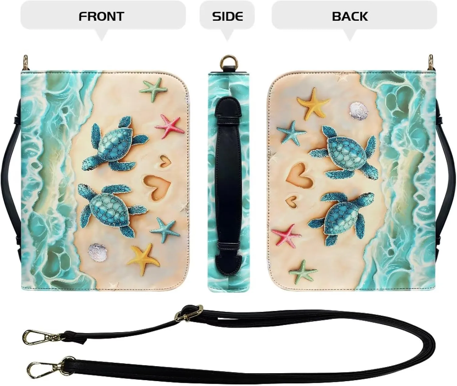 Talayituse Beach Turtle Starfish Heart Print Bible Cover for Women Men PU Leather Bible Case Church Bag with Handle Lightweight Bible Study Tools Christian Tote Bags with Shoulder Strap, L