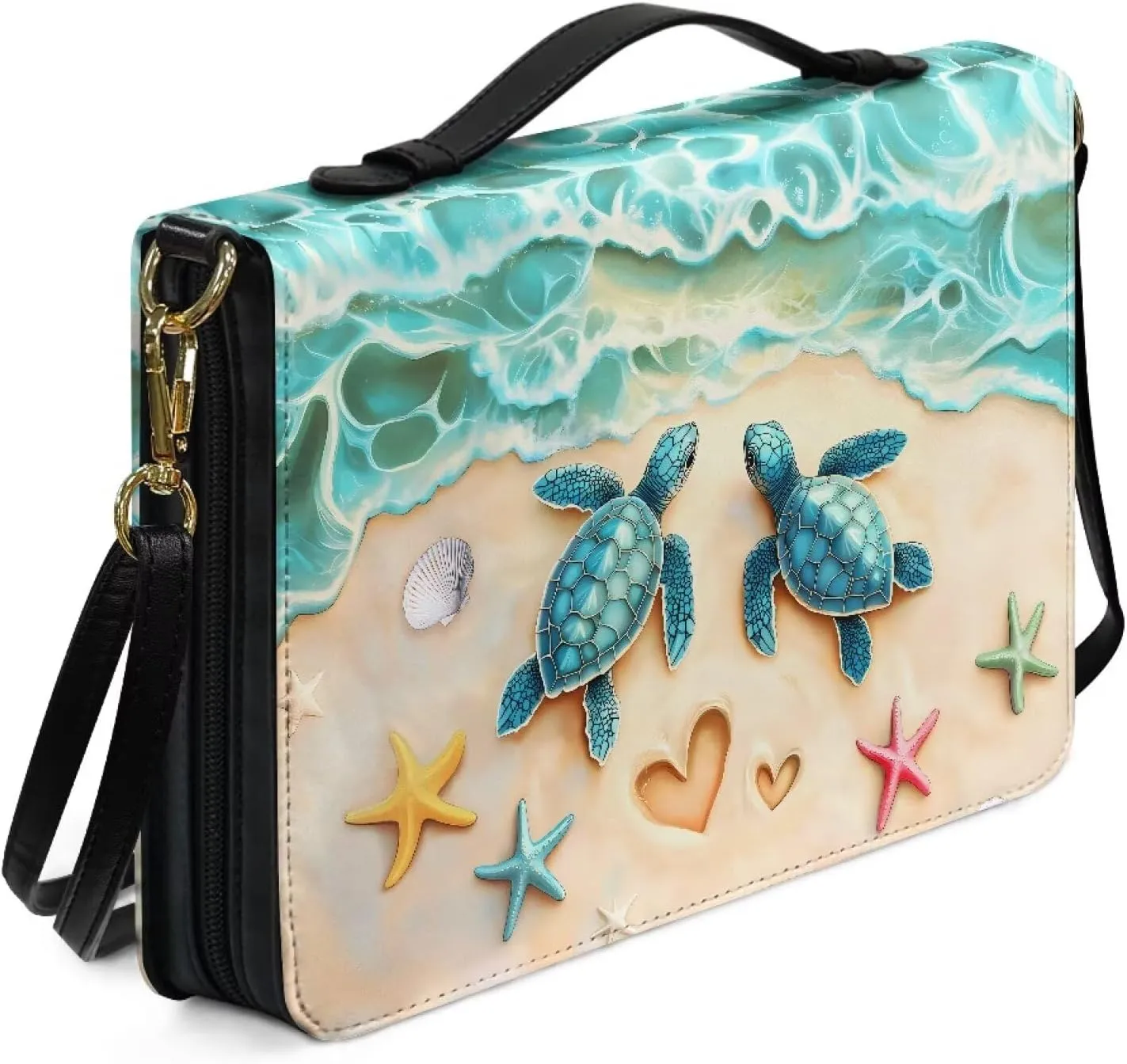 Talayituse Beach Turtle Starfish Heart Print Bible Cover for Women Men PU Leather Bible Case Church Bag with Handle Lightweight Bible Study Tools Christian Tote Bags with Shoulder Strap, L