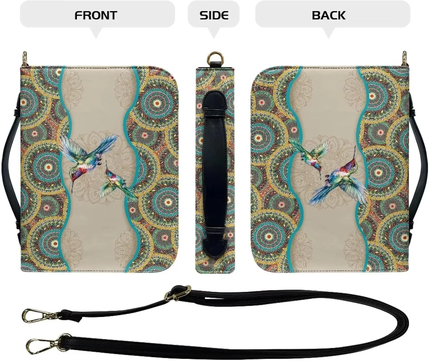 Talayituse Boho Hummingbird Print Bible Cover with Handle and Shoulder Strap for Women Men PU Leather Bible Case Large Capacity Book Bag Tote Bag Bible Church Bag Christian Gifts, L