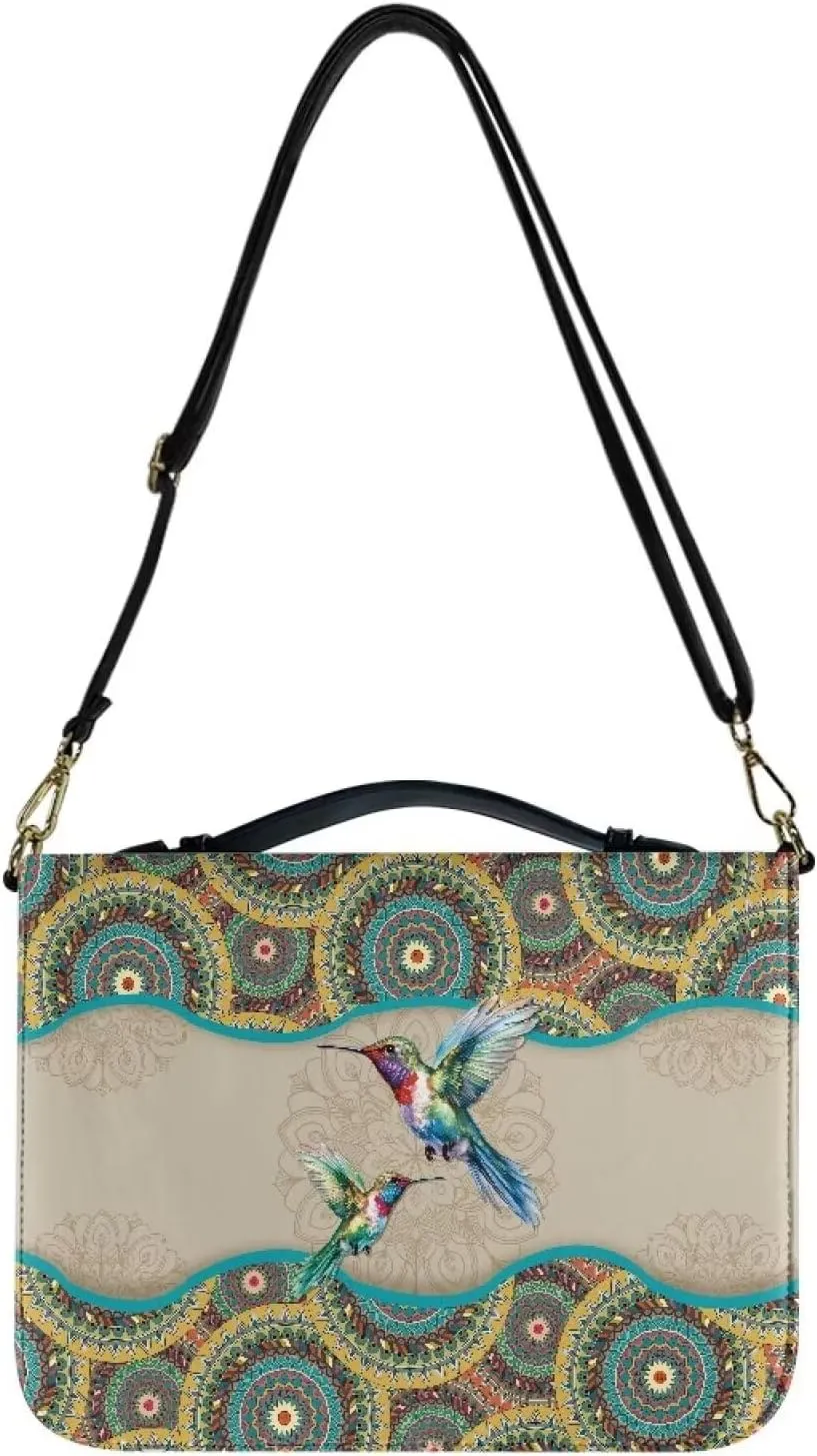 Talayituse Boho Hummingbird Print Bible Cover with Handle and Shoulder Strap for Women Men PU Leather Bible Case Large Capacity Book Bag Tote Bag Bible Church Bag Christian Gifts, L
