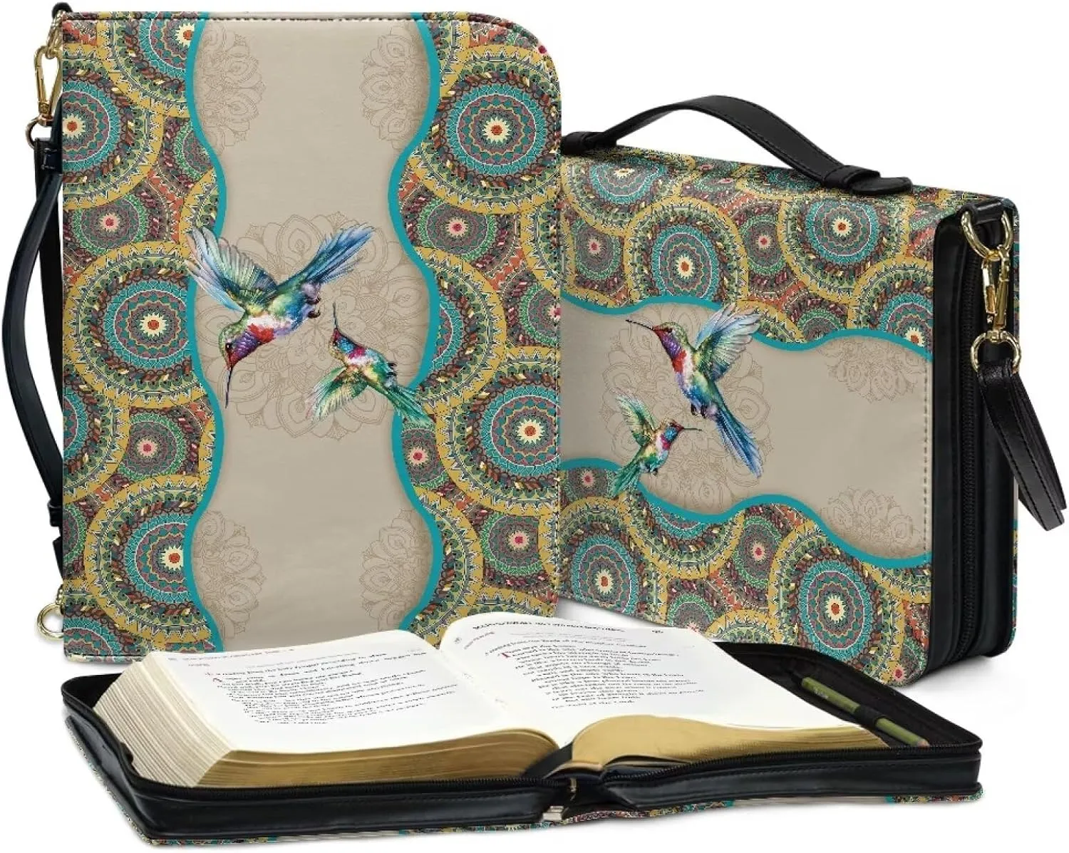 Talayituse Boho Hummingbird Print Bible Cover with Handle and Shoulder Strap for Women Men PU Leather Bible Case Large Capacity Book Bag Tote Bag Bible Church Bag Christian Gifts, L