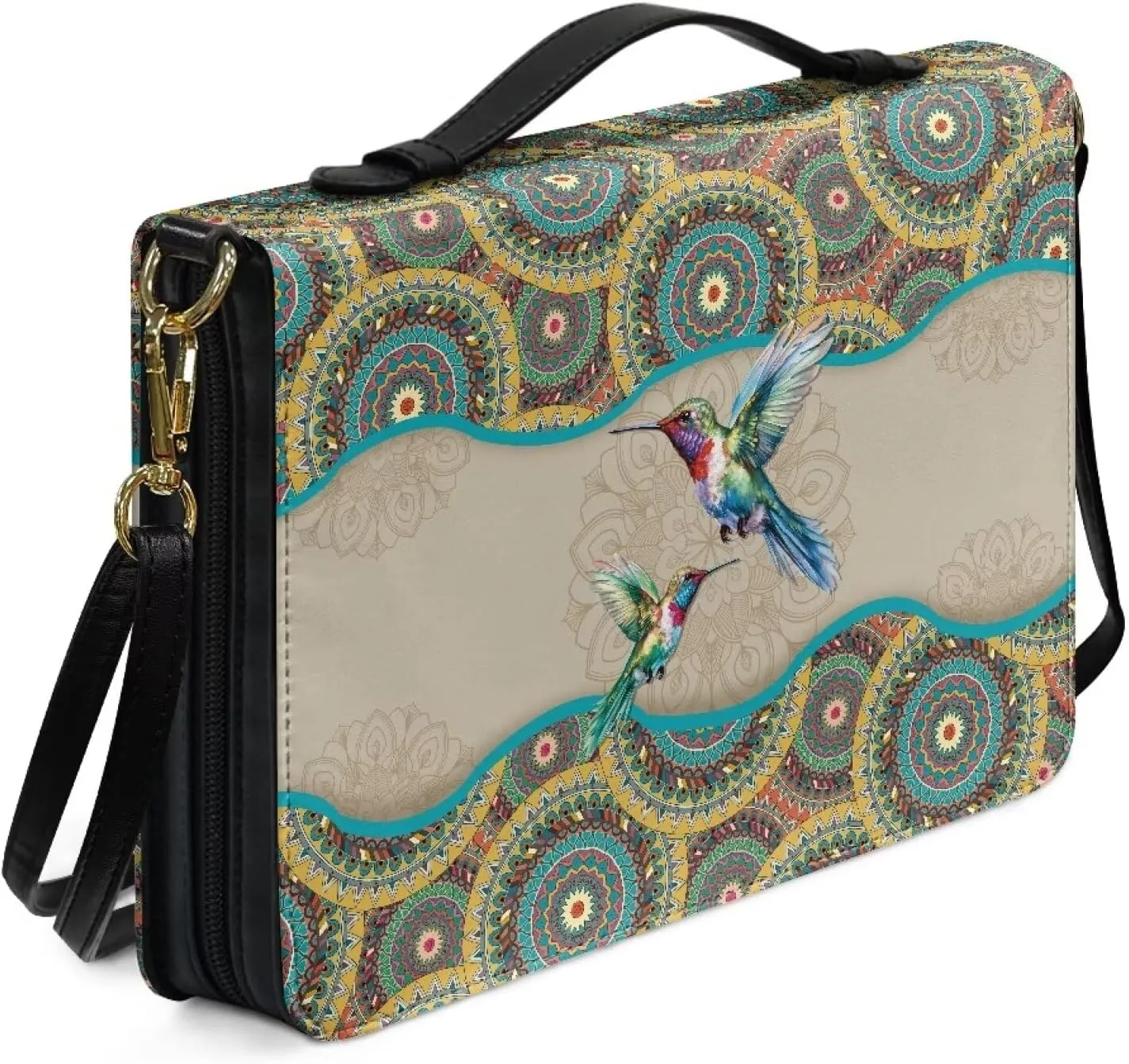 Talayituse Boho Hummingbird Print Bible Cover with Handle and Shoulder Strap for Women Men PU Leather Bible Case Large Capacity Book Bag Tote Bag Bible Church Bag Christian Gifts, L