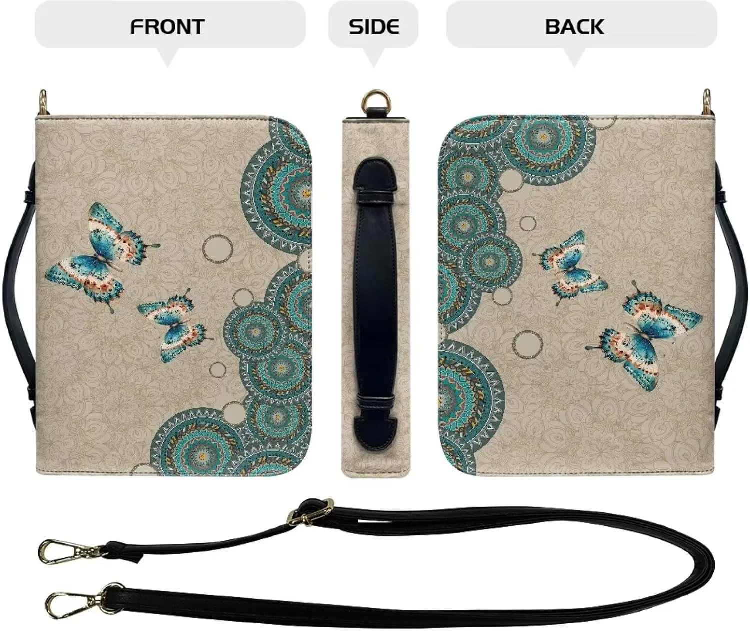 Talayituse Boho Mandala Butterfly Print Bible Covers for Women Men PU Leather Bible Case Bible Bag Bible Accessories with Handle and Shoulder Strap Multi-Functional Bible Tote Bag for Kids, L