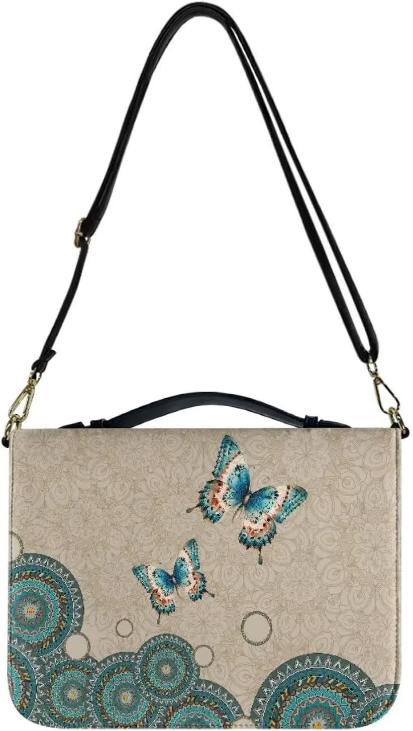 Talayituse Boho Mandala Butterfly Print Bible Covers for Women Men PU Leather Bible Case Bible Bag Bible Accessories with Handle and Shoulder Strap Multi-Functional Bible Tote Bag for Kids, L