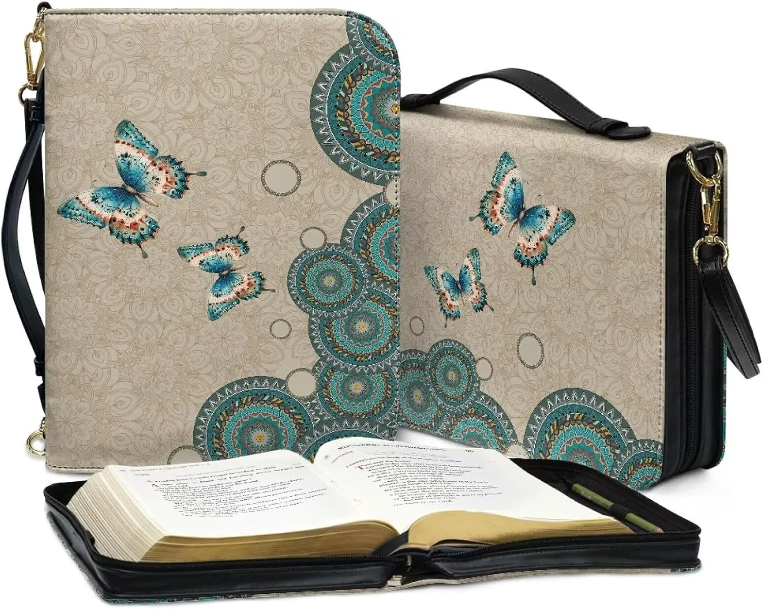 Talayituse Boho Mandala Butterfly Print Bible Covers for Women Men PU Leather Bible Case Bible Bag Bible Accessories with Handle and Shoulder Strap Multi-Functional Bible Tote Bag for Kids, L