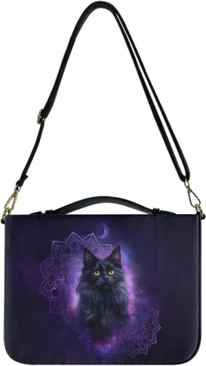 Talayituse Boho Mandala Cat Galaxy Moon Print Bible Covers PU Leather Bible Carrying Holder Bag with Handle and Adjustable Shoulder Strap Lightweight Crossbody Bag Bible Case for Women Girls, 2XL