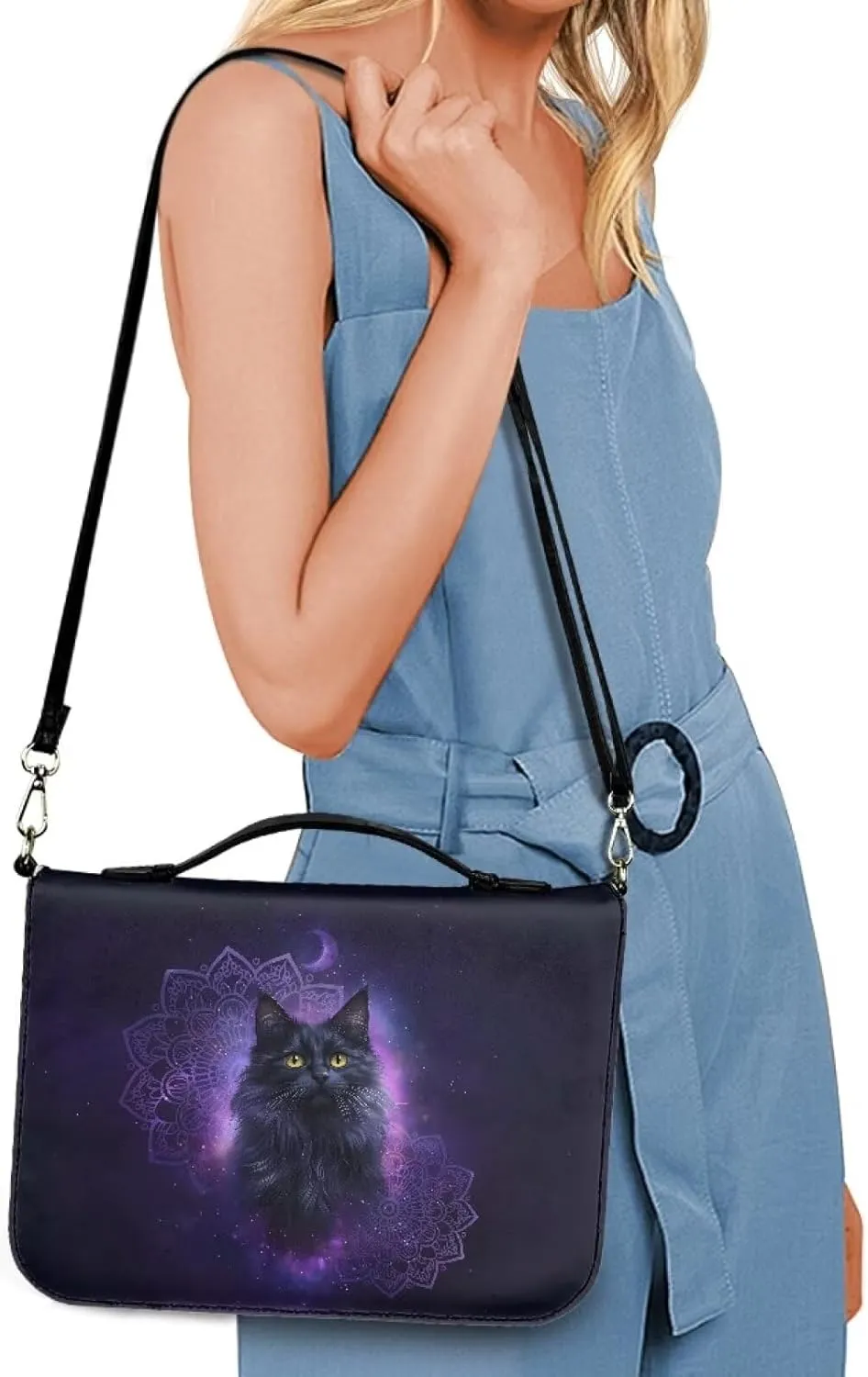 Talayituse Boho Mandala Cat Galaxy Moon Print Bible Covers PU Leather Bible Carrying Holder Bag with Handle and Adjustable Shoulder Strap Lightweight Crossbody Bag Bible Case for Women Girls, L