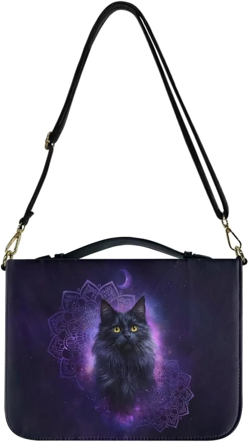 Talayituse Boho Mandala Cat Galaxy Moon Print Bible Covers PU Leather Bible Carrying Holder Bag with Handle and Adjustable Shoulder Strap Lightweight Crossbody Bag Bible Case for Women Girls, L