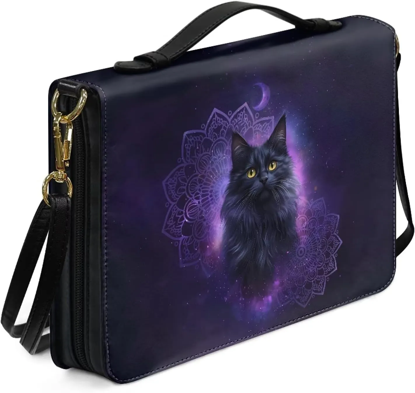 Talayituse Boho Mandala Cat Galaxy Moon Print Bible Covers PU Leather Bible Carrying Holder Bag with Handle and Adjustable Shoulder Strap Lightweight Crossbody Bag Bible Case for Women Girls, L