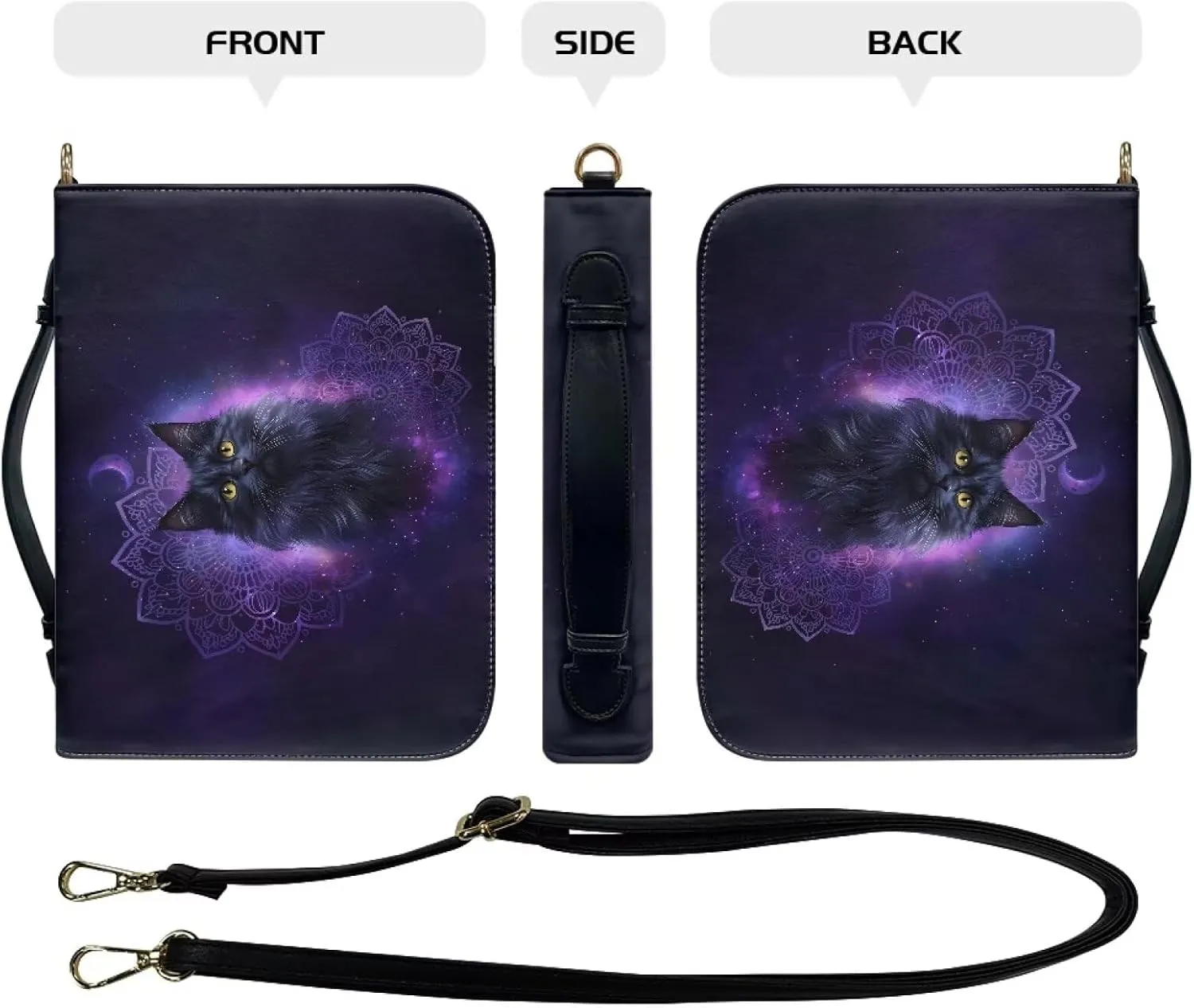 Talayituse Boho Mandala Cat Galaxy Moon Print Bible Covers PU Leather Bible Carrying Holder Bag with Handle and Adjustable Shoulder Strap Lightweight Crossbody Bag Bible Case for Women Girls, L