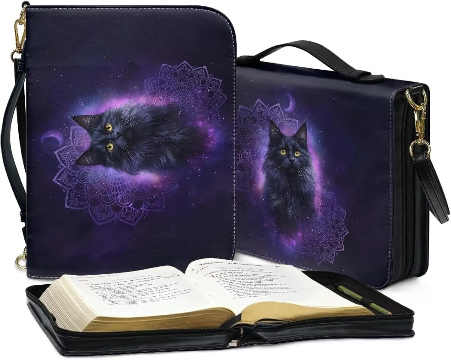 Talayituse Boho Mandala Cat Galaxy Moon Print Bible Covers PU Leather Bible Carrying Holder Bag with Handle and Adjustable Shoulder Strap Lightweight Crossbody Bag Bible Case for Women Girls, L