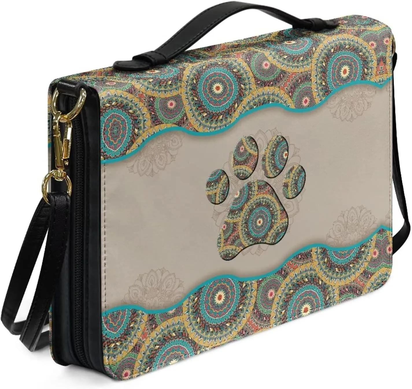 Talayituse Boho Mandala Dog Paw Print Bible Cover with Shoulder Strap and Handle, PU Leather Bible Carrying Case for Women Men Kids Teens, Portable Bible Tote Bag Bible Book Cover, L
