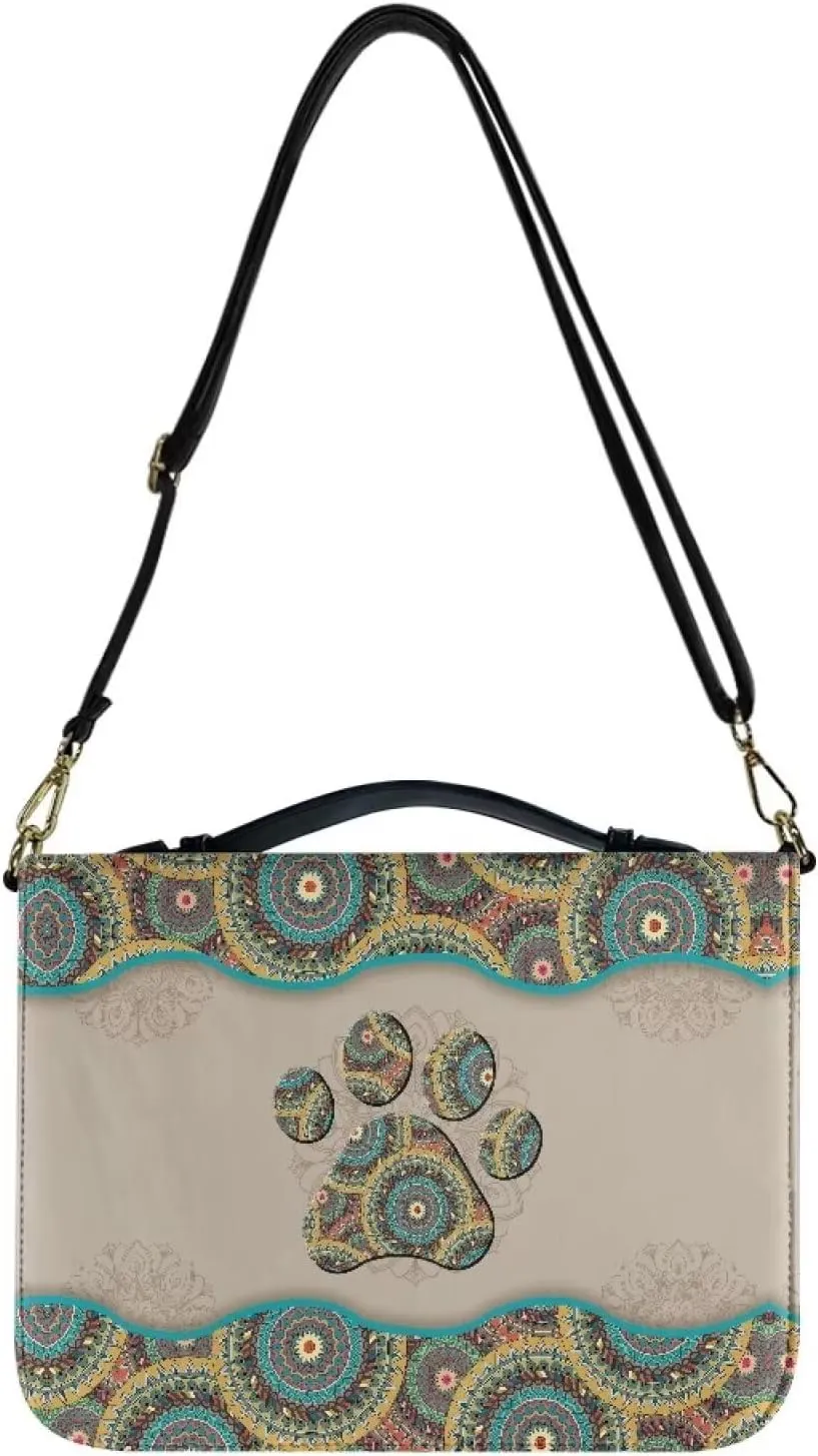 Talayituse Boho Mandala Dog Paw Print Bible Cover with Shoulder Strap and Handle, PU Leather Bible Carrying Case for Women Men Kids Teens, Portable Bible Tote Bag Bible Book Cover, L