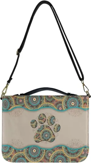 Talayituse Boho Mandala Dog Paw Print Bible Cover with Shoulder Strap and Handle, PU Leather Bible Carrying Case for Women Men Kids Teens, Portable Bible Tote Bag Bible Book Cover, L