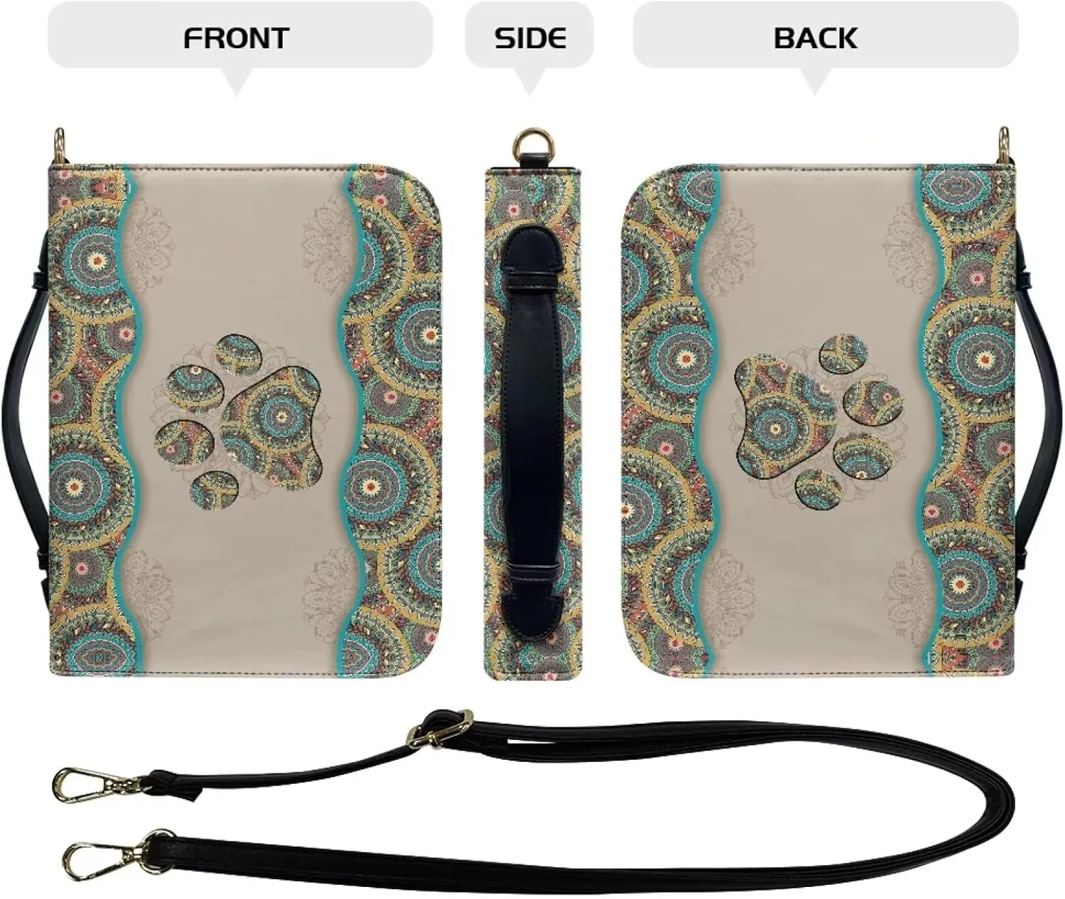 Talayituse Boho Mandala Dog Paw Print Bible Cover with Shoulder Strap and Handle, PU Leather Bible Carrying Case for Women Men Kids Teens, Portable Bible Tote Bag Bible Book Cover, L