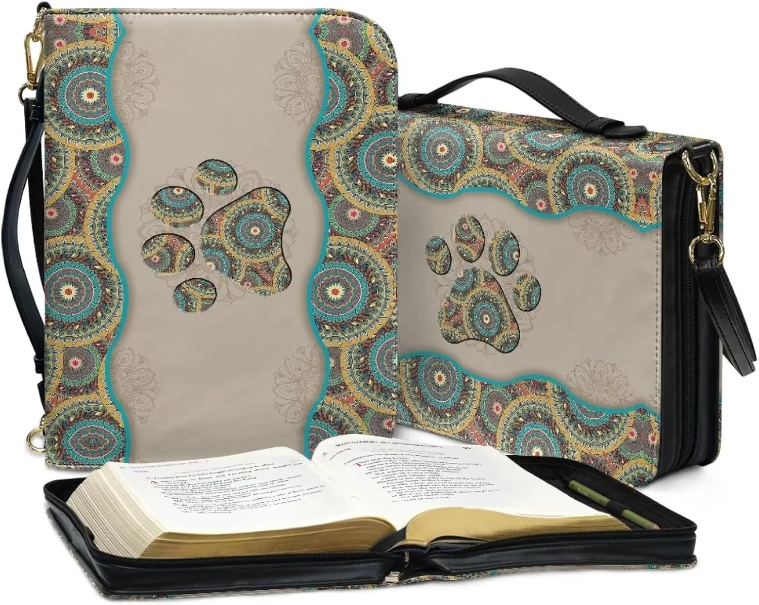 Talayituse Boho Mandala Dog Paw Print Bible Cover with Shoulder Strap and Handle, PU Leather Bible Carrying Case for Women Men Kids Teens, Portable Bible Tote Bag Bible Book Cover, L