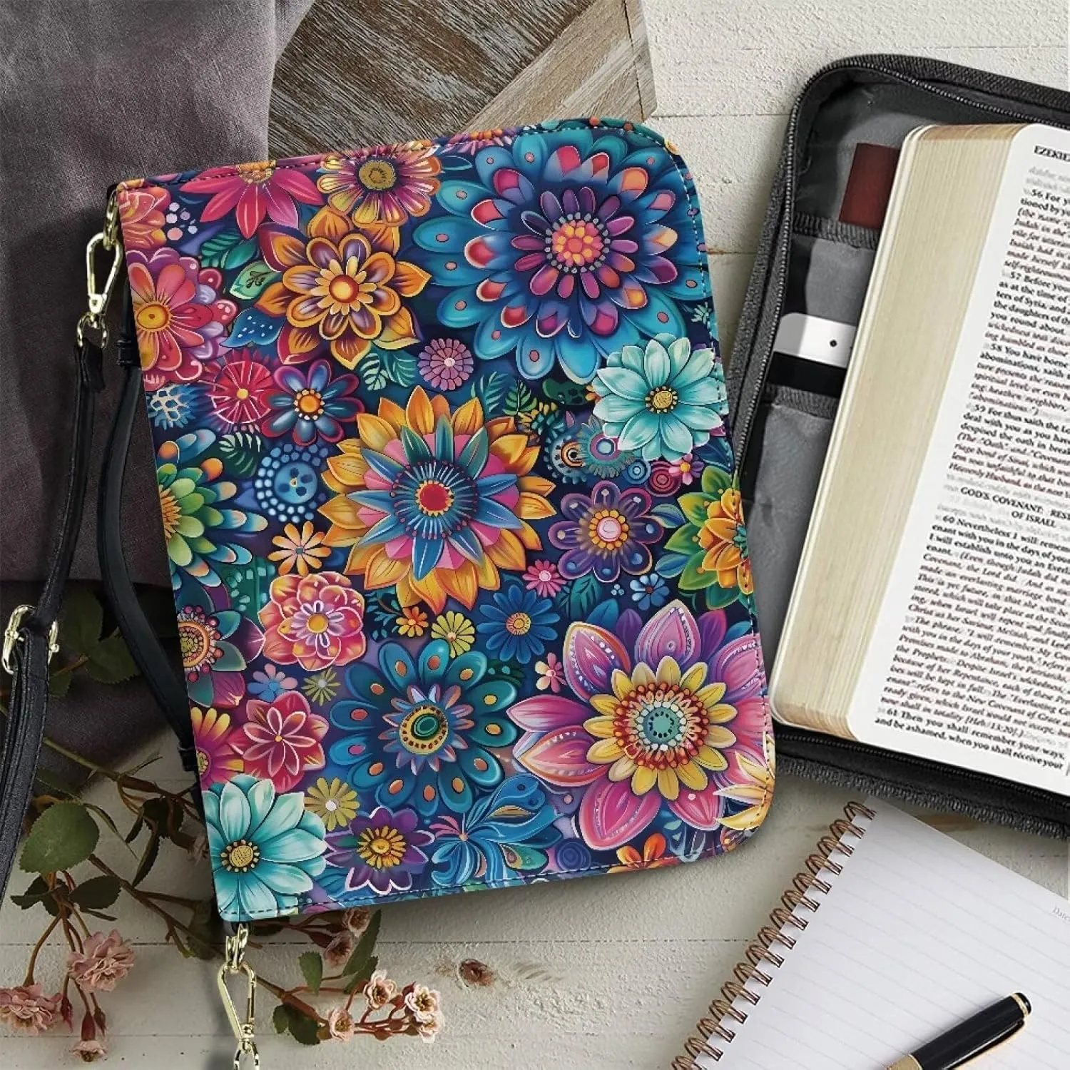 Talayituse Boho Mandala Pattern Bible Cover for Women Men PU Leather Bible Tote Bag Large Capacity Bible Bag with Handle & Shoulder Strap, Multifunctional Bible Carrying Case Church Bag, L