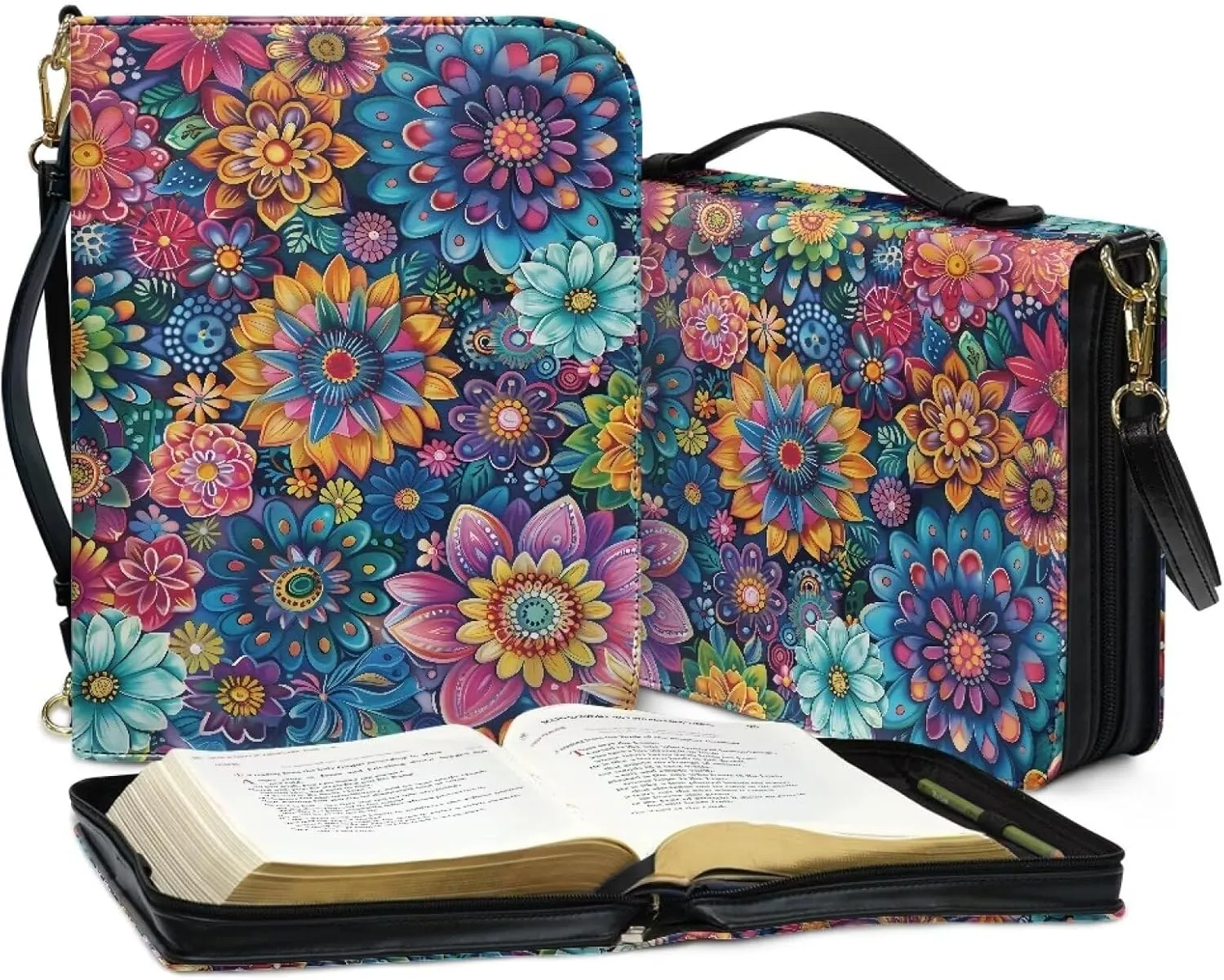 Talayituse Boho Mandala Pattern Bible Cover for Women Men PU Leather Bible Tote Bag Large Capacity Bible Bag with Handle & Shoulder Strap, Multifunctional Bible Carrying Case Church Bag, L
