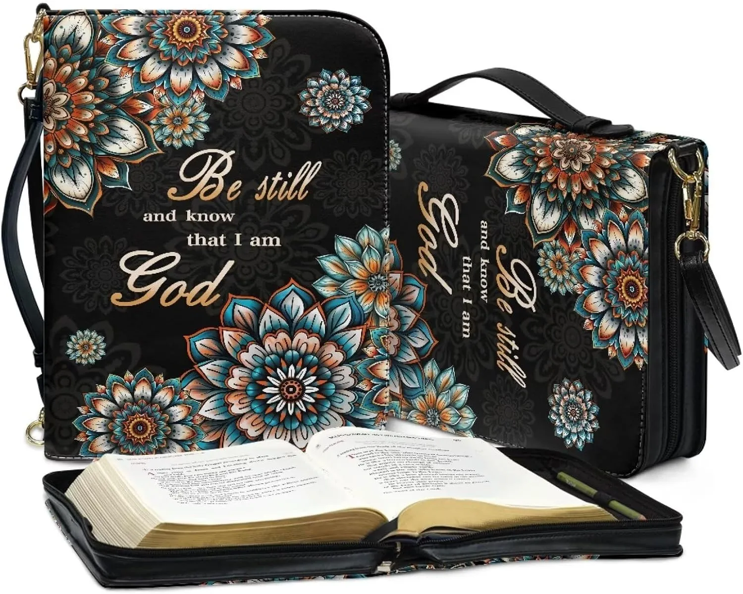 Talayituse Boho Mandala Pattern Leather Bible Cover for Women Men, Be Still and Know That I am God Bible Case Multifunctional Bible Bag Bible Carrying Case Bible Carrier with Shoulder Strap, 2XL
