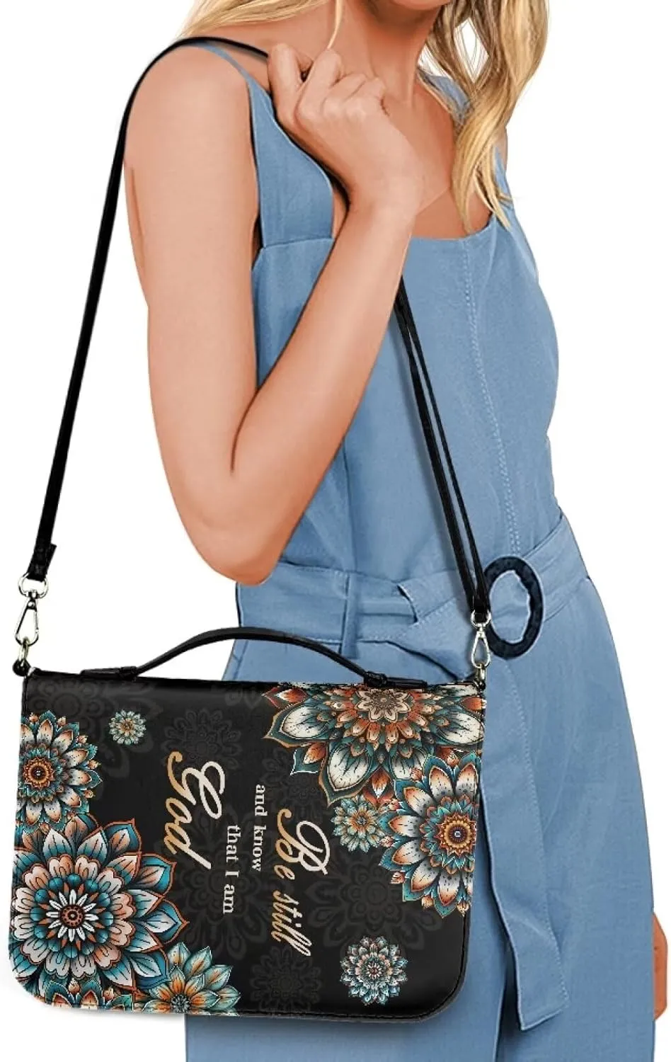Talayituse Boho Mandala Pattern Leather Bible Cover for Women Men, Be Still and Know That I am God Bible Case Multifunctional Bible Bag Bible Carrying Case Bible Carrier with Shoulder Strap, 2XL