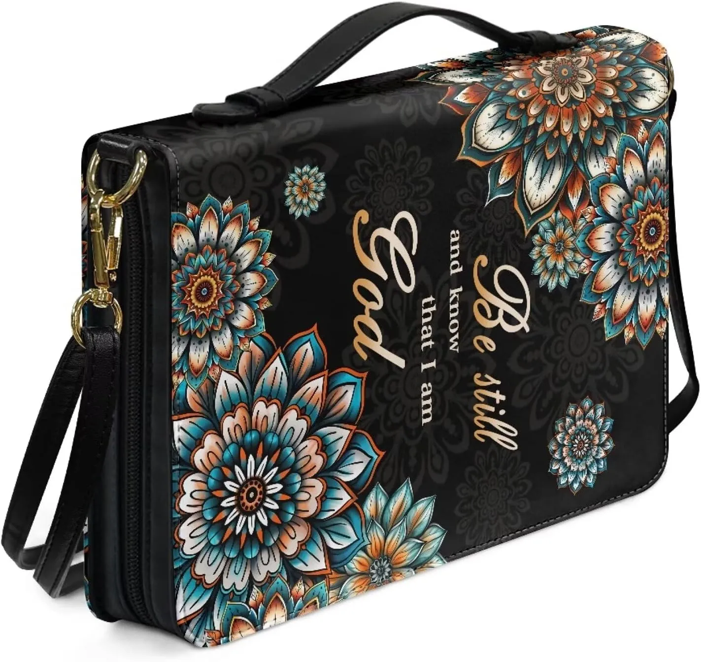 Talayituse Boho Mandala Pattern Leather Bible Cover for Women Men, Be Still and Know That I am God Bible Case Multifunctional Bible Bag Bible Carrying Case Bible Carrier with Shoulder Strap, 2XL