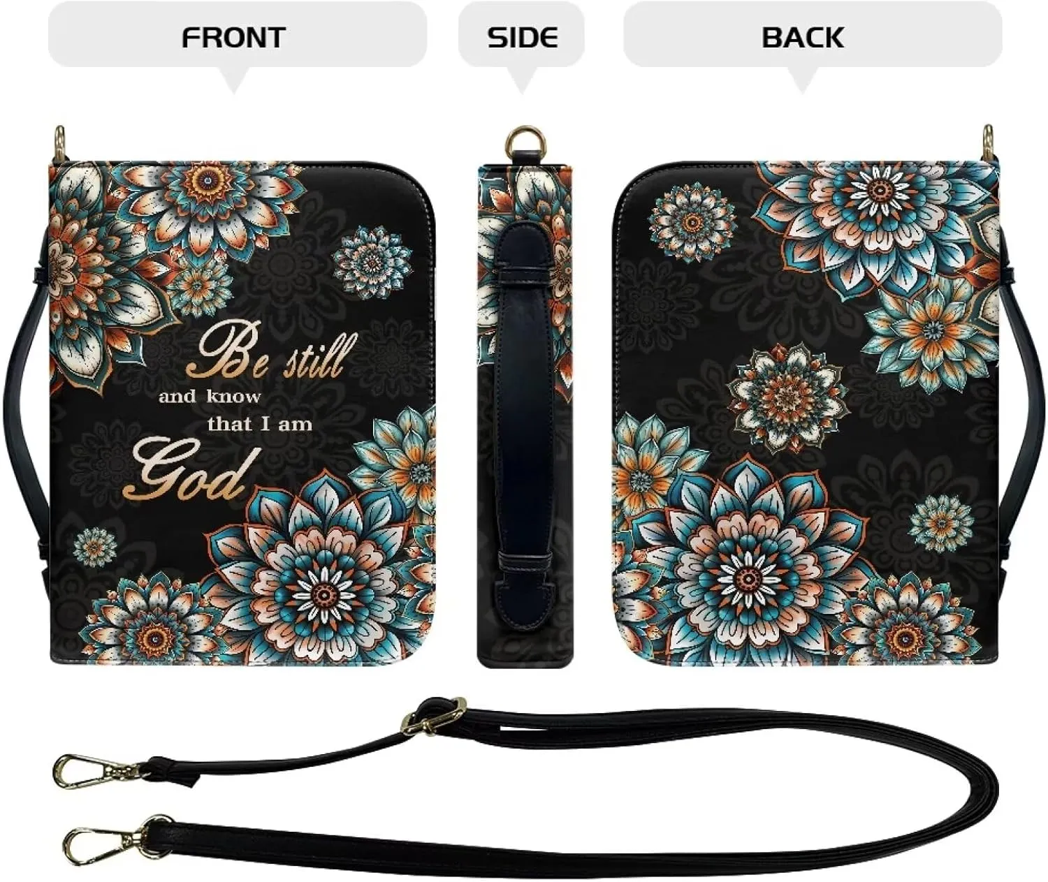 Talayituse Boho Mandala Pattern Leather Bible Cover for Women Men, Be Still and Know That I am God Bible Case Multifunctional Bible Bag Bible Carrying Case Bible Carrier with Shoulder Strap, 2XL