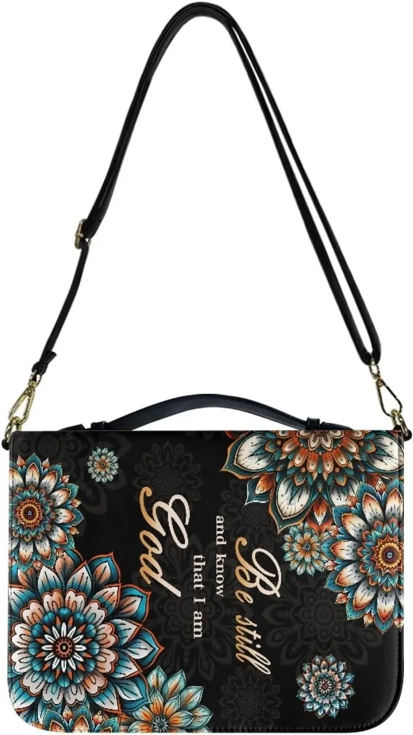 Talayituse Boho Mandala Pattern Leather Bible Cover for Women Men, Be Still and Know That I am God Bible Case Multifunctional Bible Bag Bible Carrying Case Bible Carrier with Shoulder Strap, 2XL