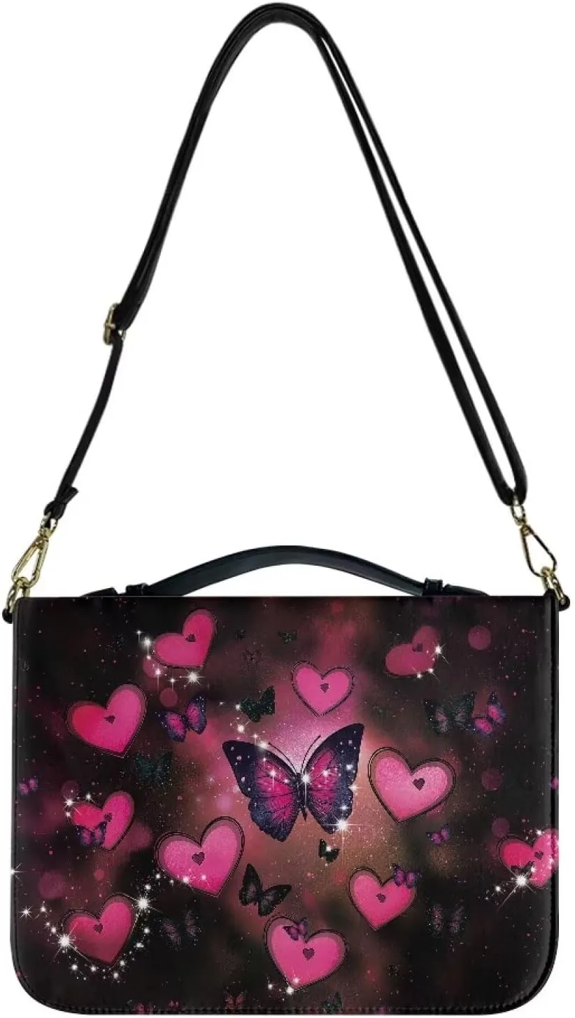 Talayituse Butterfly Heart Galaxy Print Bible Covers PU Leather Valentine's Day Bible Carrying Holder Bag with Handle and Adjustable Shoulder Strap Lightweight Crossbody Bag Bible Case for Women, L