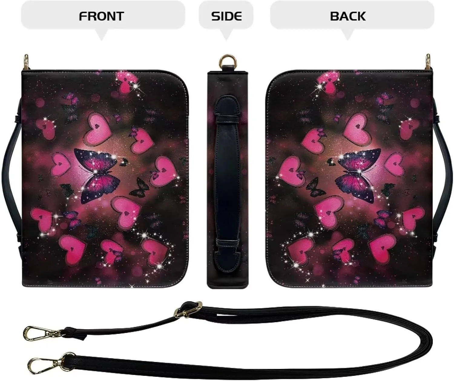 Talayituse Butterfly Heart Galaxy Print Bible Covers PU Leather Valentine's Day Bible Carrying Holder Bag with Handle and Adjustable Shoulder Strap Lightweight Crossbody Bag Bible Case for Women, L