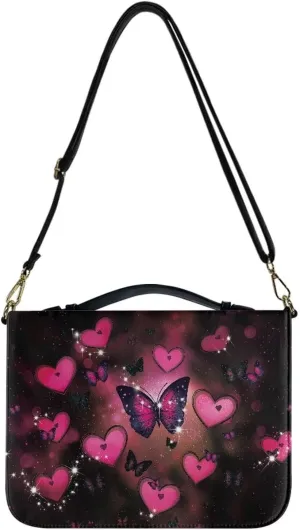 Talayituse Butterfly Heart Galaxy Print Bible Covers PU Leather Valentine's Day Bible Carrying Holder Bag with Handle and Adjustable Shoulder Strap Lightweight Crossbody Bag Bible Case for Women, L