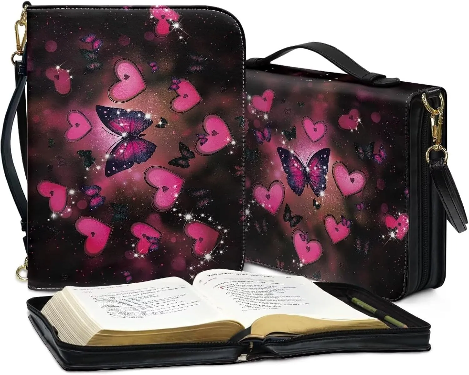Talayituse Butterfly Heart Galaxy Print Bible Covers PU Leather Valentine's Day Bible Carrying Holder Bag with Handle and Adjustable Shoulder Strap Lightweight Crossbody Bag Bible Case for Women, L