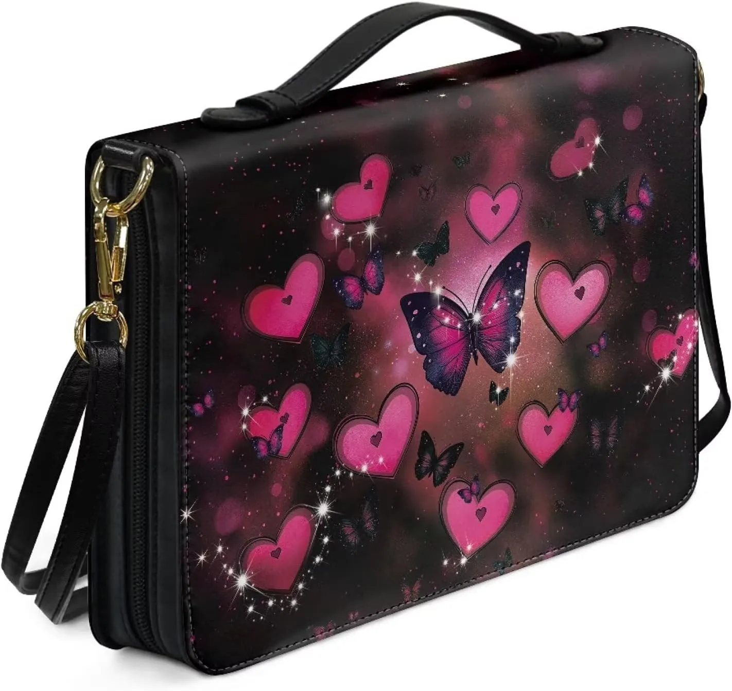 Talayituse Butterfly Heart Galaxy Print Bible Covers PU Leather Valentine's Day Bible Carrying Holder Bag with Handle and Adjustable Shoulder Strap Lightweight Crossbody Bag Bible Case for Women, L