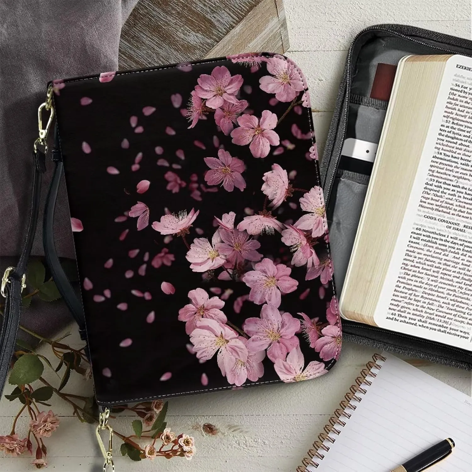 Talayituse Cherry Blossom Pattern Bible Cover for Women Men Bible Book Cover PU Leather Bible Case Church Bag with Handle Lightweight Bible Study Tools Christian Tote Bags with Shoulder Strap, L