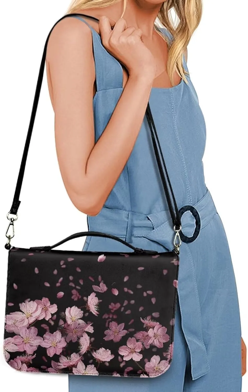 Talayituse Cherry Blossom Pattern Bible Cover for Women Men Bible Book Cover PU Leather Bible Case Church Bag with Handle Lightweight Bible Study Tools Christian Tote Bags with Shoulder Strap, L
