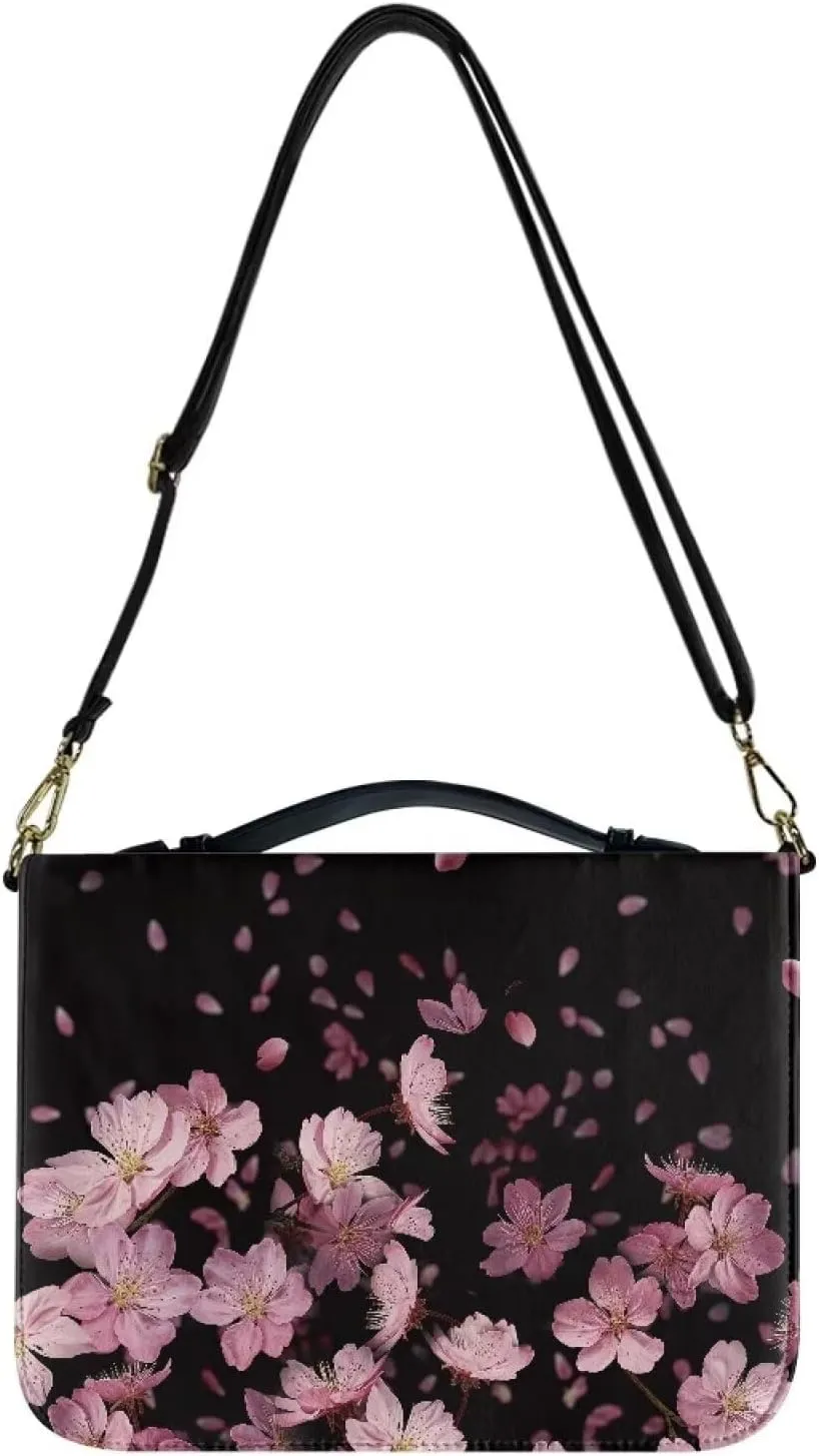 Talayituse Cherry Blossom Pattern Bible Cover for Women Men Bible Book Cover PU Leather Bible Case Church Bag with Handle Lightweight Bible Study Tools Christian Tote Bags with Shoulder Strap, L