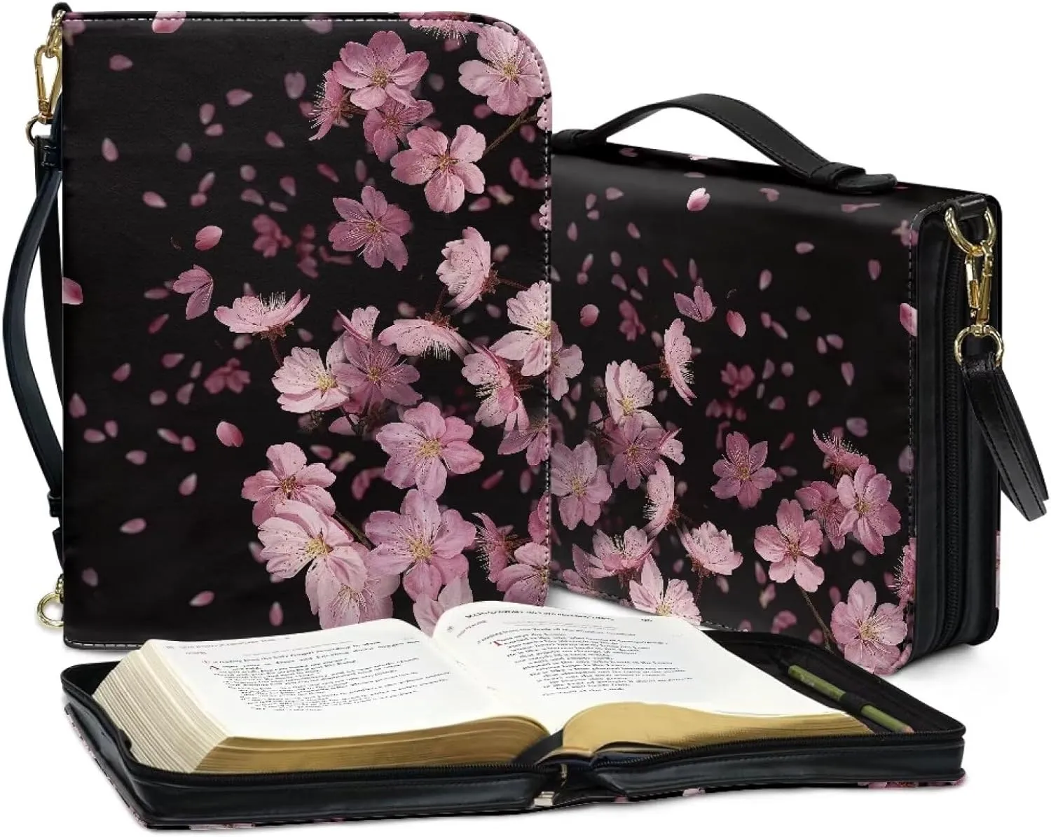 Talayituse Cherry Blossom Pattern Bible Cover for Women Men Bible Book Cover PU Leather Bible Case Church Bag with Handle Lightweight Bible Study Tools Christian Tote Bags with Shoulder Strap, L