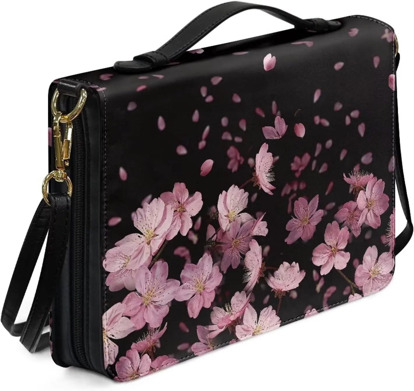 Talayituse Cherry Blossom Pattern Bible Cover for Women Men Bible Book Cover PU Leather Bible Case Church Bag with Handle Lightweight Bible Study Tools Christian Tote Bags with Shoulder Strap, L