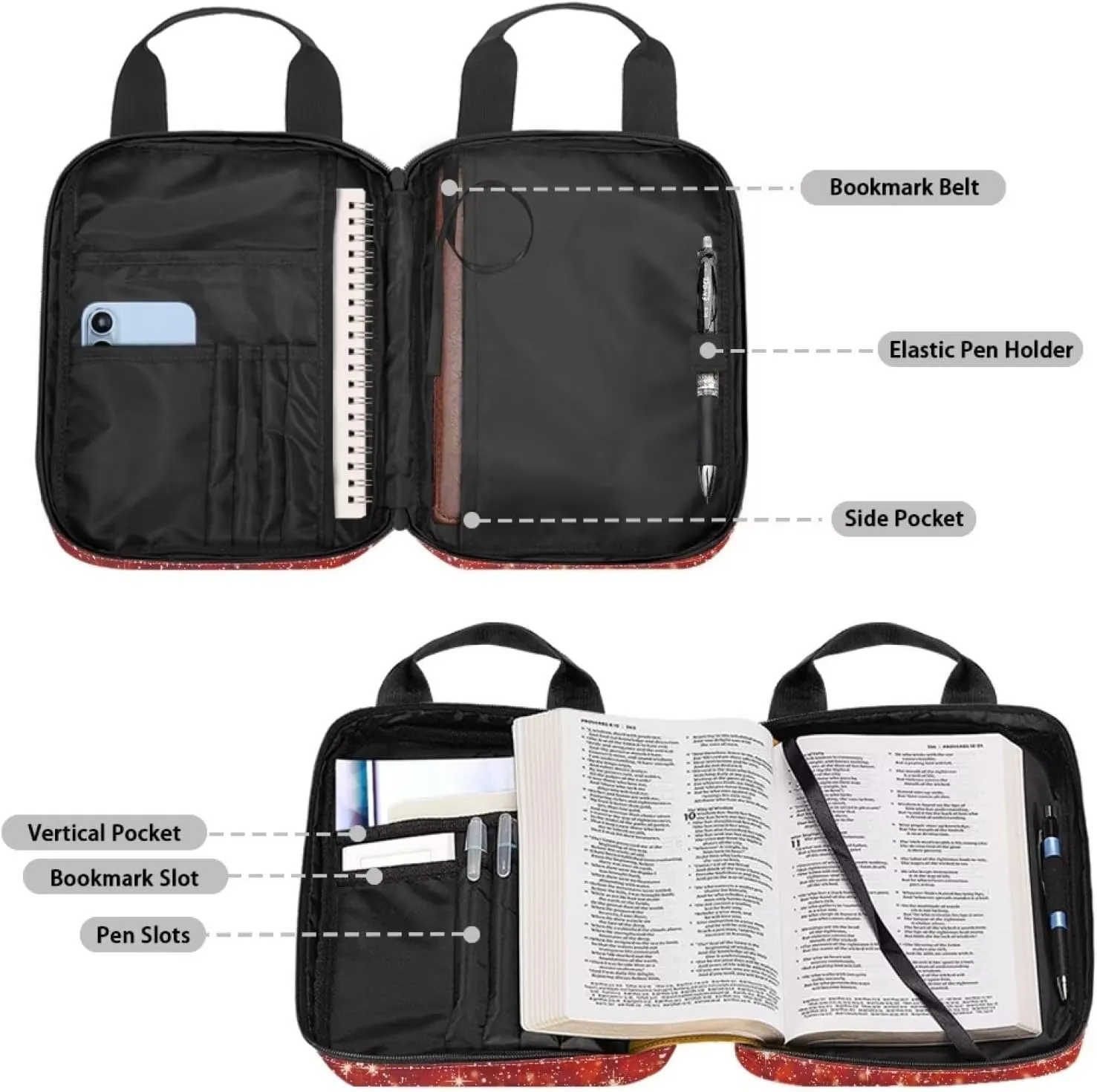 Talayituse Christmas Snowflake Print Bible Cover Case with Zip Pockets for Women Girls Bible Study Tote Book Cover Carrying Bible Bag Protective Multi-Functional Bag with Handle